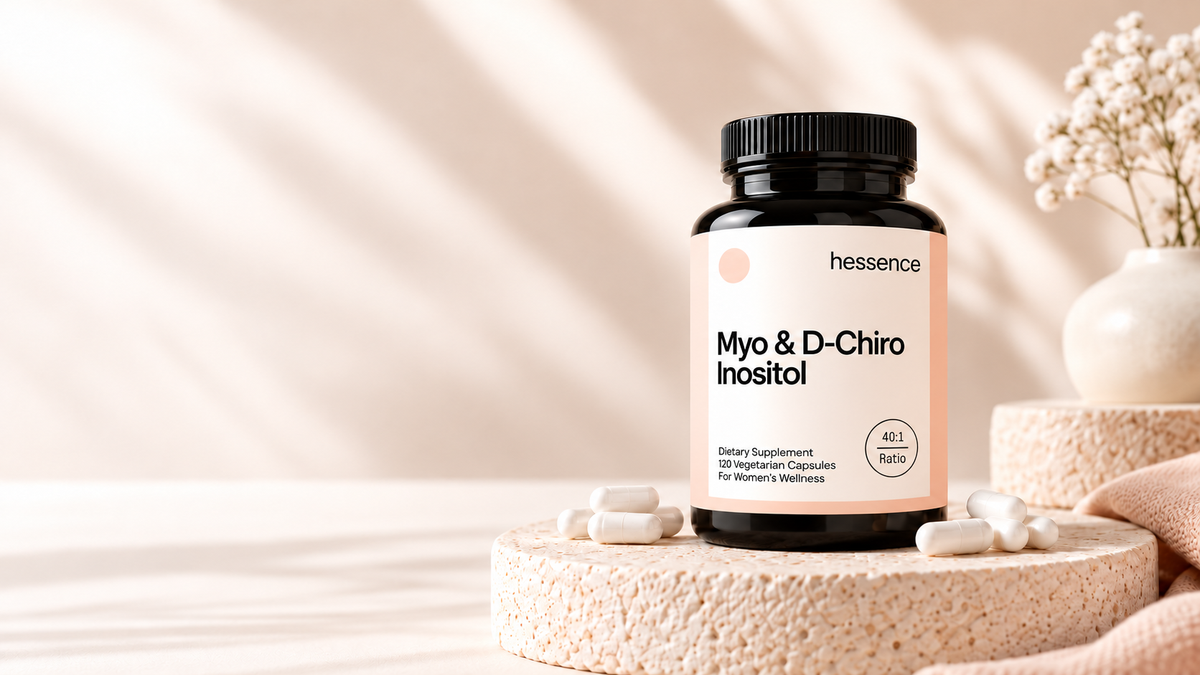 Hessence Myo and D-Chiro Inositol supplement bottle on a soft peach background